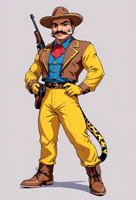 4K,masterpiece,full body,style of 80scartoon,SMheroes style,flat colors,vibrant colors,bright colors,
feline_hybrid,Ocelot,(charro:1.3),face of an Ocelot,animal face,cat eyes,(looking to the side:1.4),(brown moustache:2),red suit,yellow trimmings,suede shoes,sombrero,holding gun,(tmmygn:1.5),