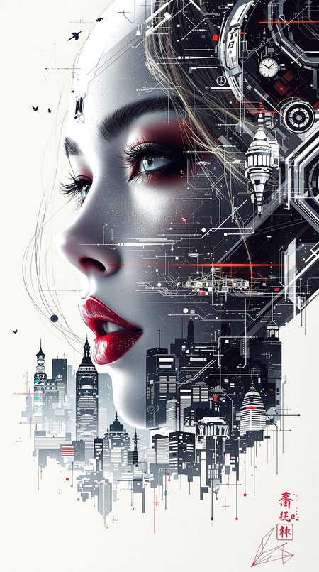 photorealistic poster ink art, Silhouette Art, magnificent, double exposure, crisp lines, sci-fi cityscape below and to side of closeup portrait of stunning japanese female robot, with a ceramic humanoid faceplate, blonde loose hair, dark eyeshadow, red lips, direct gaze