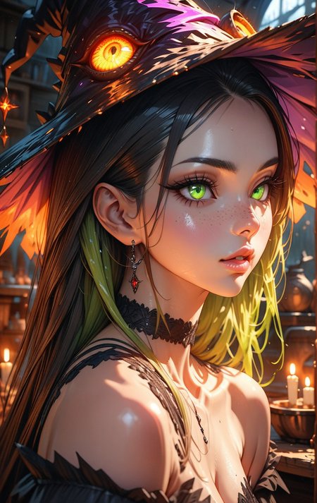 (realism:1.8), (Cel-shading:1.3),
realistic,
(masterpiece), (best quality), (ultra-detailed)
(Medium shot:2) 1girl, cute, beautiful, gorgeous, gentle, perfect body, solo, long hair, (long eyelashes:2),perfect hair, streaked hair, black choker, bangs, freckles, striking large eyes, aligned eyes, mirror eyes, SFW witch costume, witch hat, cauldron with glowing green goo, candles, indoor witch hut,
eyeliner, trendy portrait, bare shoulders, tender Aesthetic nose, perfect lips, gorgeous lips, puffy lips, sensual lips, cinematic,
(masterpiece), (best quality), (incredibly detailed:1.4) (beautiful detailed face, beautiful detailed eyes), (ultra-detailed), very aesthetic, illustration, perfect composition, intricate details, absurdres, detailed skin, clean skin,  pure skin, 
(masterpiece:1.8), (highest detailed:1.8), (angle:0.9), perfectly lighted, (contrast), (saturated), (((sharp focus))), (hyperdetailed:1.3), (intricate details:1.2), (Refined details:1.3), (best quality:1.5), highly detailed textures,
<lora:Apparatus_-_Traction_City_Walkers_Vehicles:0.5>,
<lora:add-detail-xl:1> (ultra sharp focus:1.8), (detailed skin:1.8), (best quality:1.8),
<lora:glowneon_xl_v1:0.6>