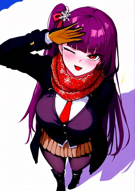 <lora:MaWe:1>,1girl, wa2000 \(date in the snow\) \(girls' frontline\), wa2000 \(girls' frontline\), huge breasts, wide hips, girls' frontline, alternate costume, arm up, belt, black footwear, black gloves, black pantyhose, blazer, blunt bangs, blush, boots, breasts, brown skirt, buckle, coat, eyes visible through hair, from above, gloves, hair ornament, hair ribbon, half-closed eye, hand up, high heel boots, high heels, jacket, knee boots, long hair, looking at viewer, looking to the side, looking up, necktie, official alternate costume, one eye closed, one side up, open clothes, open coat, open mouth, pantyhose, pleated skirt, pocket, purple hair, red eyes, red necktie, red scarf, ribbon, scarf, shading eyes, skirt, sky, smile, snowflake hair ornament, snowflake print, solo, sparkle, standing, strap, tsundere, very long hair, waving, 
animated, dynamic angle,very awa, masterpiece, best quality, highres, absurdes,amazing quality,very aesthetic,intricate details,detailed background, <lora:hand 5.5:1>