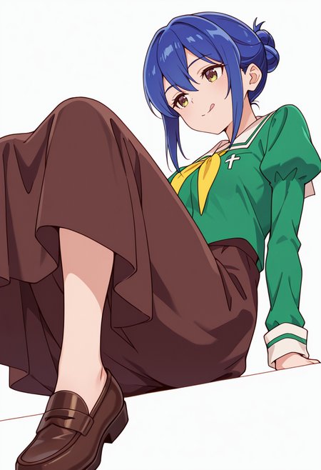 masterpiece,high quality details,absurdres, 
kanoko_cnr, 1girl, blue hair,hair between eyes, sidelocks, single hair bun,
kanoko_s1,green shirt,white sailor collar, serafuku,juliet sleeves,long skirt, green dress, loafers,dark-brown skirt, <lora:Mamiya_Kanoko:0.8>, simple background, white background, from below,solo,, :q,