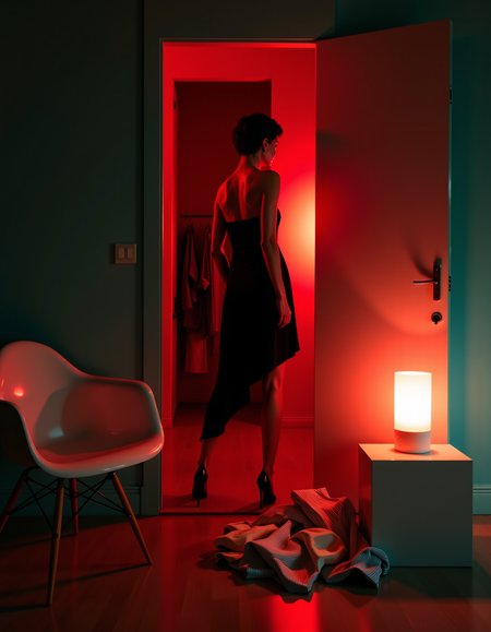 A cinematic photography.
A dimly lit room with a contrasting color scheme. The walls are painted deep teal, and the floor is a muted gray, creating a moody atmosphere. An open doorway reveals a woman standing in the next room, and bathed in a striking red light. The red glow illuminates her slender, athletic frame, casting a warm contrast against the cool teal surroundings. She is wearing a black asymmetrical Avant Garde inspired dress, which drapes comfortably over her body, adding a sense of relaxation and intrigue. In the foreground, a modern white chair with a curved backrest is positioned to the left. To the right, a small square white table holds a white, cylindrical lamp emitting soft, diffused light. On the floor beside the table, a pile of clothes, including a striped shirt and pants in shades of white and beige, adds a touch of disarray, contrasting with the otherwise minimalist surroundings. The background is barely visible but suggests more clothing on hooks and possibly a mirror reflecting some of the red light. The overall atmosphere is intimate and surreal, with smooth, clean textures typical of digital art. The bold use of color and lighting heightens the dramatic, mysterious mood. 