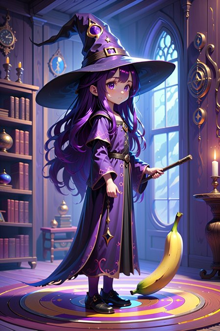 4 years old witch girl, standing,  living room,  (magic circle on the floor:1.3), side view, long dark purple hair, purple eyes, vertical pupils,  big black witch hat, magic staff, banana on the floor,