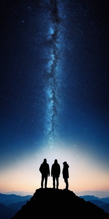 <lora:HMSGåªå½±XL-000001:0.8>,Group of people standing,silhouette,mountain top,starry night sky,mysterious,majestic,surrealism style,high contrast,high definition photography,black and deep blue colors,