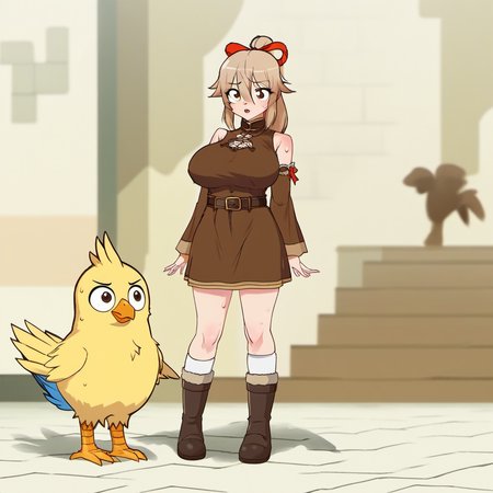 1girl, chobi, chocobo, lisa pacifist, morikubo nono, huge breast, animal, bare shoulders, belt, belt buckle, bird, boots, brown belt, brown dress, brown eyes, brown footwear, brown sleeves, buckle, cosplay, detached sleeves, dress, 0_0, full body, hair between eyes, hair ribbon, hand up, kneehighs, light brown hair, lisa pacifist (cosplay), long hair, long sleeves, parted lips, ponytail, red ribbon, ribbon, sleeveless, sleeveless dress, socks, solo, standing, sweat, white socks,