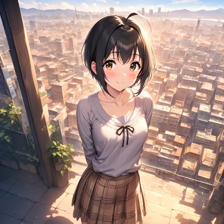 (masterpiece),(best quality),(ultra-detailed),(best illustration),(best shadow),(absurdres),(detailed background),(very aesthetic),  miho kohinata, 1girl, solo, ahoge, black hair, smile, short hair, brown eyes, skirt, looking at viewer,city background, arms behind back, collarbone, bow, blush <lora:Miho_Kohinata:1>
