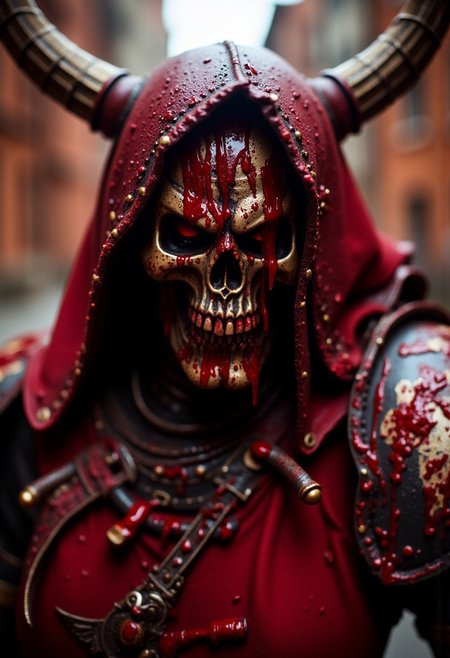 photorealistic close-up the chaos god Khorne, blood, shallow depth of field, aidmaHyperrealism