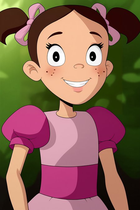 score_9, score_8_up, score_7_up, score_6_up, BREAK, PopisCAPXL, freckles, black eyes, brown hair, short hair, twintails, hair ribbon, pink ribbon, flat chest, pink dress, short sleeves, puffy sleeves, solo, front view, (portrait, upper body), solo focus, seductive smile, looking at viewer, forest, tree <lora:PopisCAPXL:1>