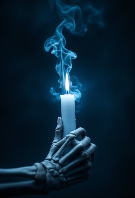 A skeletal hand firmly grasps a white candle, its bony fingers wrapped around the smooth wax. The candle burns with an unnatural blue flame, casting an eerie glow that flickers softly in the darkness. Wisps of smoke rise from the flame, twisting and curling into the distinct shape of a mind—abstract yet unmistakable, resembling a swirling brain or an ethereal thought. The dim and mysterious background is shrouded in deep shadows, enhancing the otherworldly atmosphere. The ghostly light reflects off the skeletal fingers, emphasizing their hollow, lifeless form. The scene evokes a sense of mystery, the supernatural, and the fragile boundary between life, thought, and death. aidmamj6.1, aidmaimageupgrader, aidmafluxpro1.1, bo-exposure