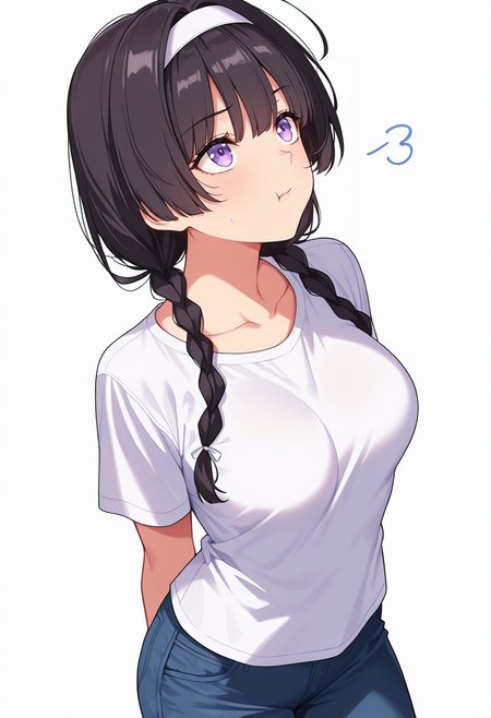 <lora:Suzune_Kagami_CNR:0.8> susune_cnr,black hair, long hair, twin braids,purple eyes, medium breasts,white hairband, t-shirt, ,slip,flared pants,  , Smooth Quality,masterpiece,very intricate, high quality details, ultra realistic, high detailed skin,detailed enviorement,absurdres,, simple background, white background, dynamic angle,solo,
standing, arms behind back, looking up, calm expression, relaxed posture,  ,, :t,