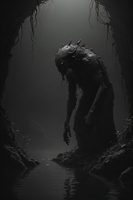 leap of faith, unknown waters, deep, shadows, creature of legend, distrust, (careful:1.1), timid, hidden, (on all fours,:1.1)  <lora:- SDXL - vanta-black_contrast_V3.0:0.7>