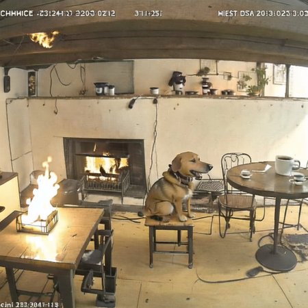 <lora:itsfine:0.7>,  itsfine, 
<lora:webcams:1.4>, (webcamscrenshot, :1.3)
itsfine, a dog sitting in a chair in front of a fire, cup of coffee on table, heavy fire on the background, meme in distress