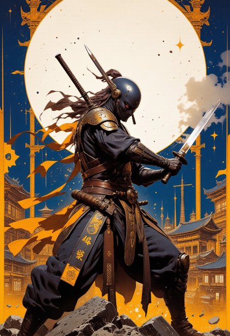 Japanese Culture Style, Neo Photorealistic Art, Emotional Photos, 35mm film, Young Japanese Woman in skintight black ninja bodysuit fighting for Ukraine, A Japanese sword is stuck into the ground, smoking, Japanese shrine background with a centered white circle, white sphere on the background, (blue and yellow colors)