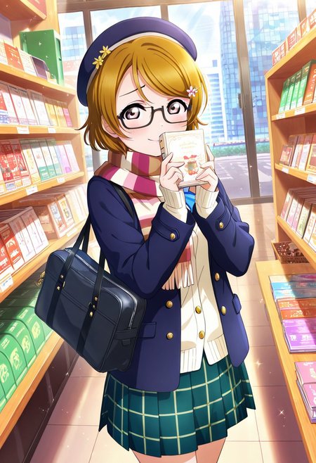 masterpiece, best quality, 
 1girl, koizumi_hanayo, bag, beret, bike_rack, bookstore, brown_eyes, brown_hair, cardigan, city_street, coat, flower_hairpin, glasses, green_skirt, hairpin, highres, holding_book, indoors, jacket, light_smile, long_sleeves, love_live!, love_live!_school_idol_festival_all_stars, love_live!_school_idol_project, official_art, satchel, school_bag, shy_smile, short_hair, skirt, solo, striped_scarf, window