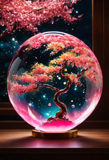 There a glass Apple sculpture, concealed inside is a picture of a beautiful Japanese landscape inside of it with pink trees and falling leaves, in the dark, detailed image, 8k, 8k high quality detailed art, the moon, perfect sphere, amazing wallpaper, digital painting highly detailed, 8 k hd detailed oil painting, beautiful art uhd 4 k, focus on glass apple, close up, bokeh, unfocused counter top background  
Modifiers:
extremely detailed Award winning photography fantasy studio lighting photorealistic very attractive beautiful imperial colors ultra detailed 4K 3D hdr very cute