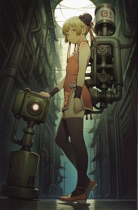 1girl,blonde,tatsuyuki, pipes, machine,Underexposure,dark room,perspective, black thighhighs, 
from side, looking at viewer,from below,sunless day,chinese clothes, (ride a machine Walking robot:1.3)
<lora:Perfect Hands:1> <lora:Tatsuyuki:0.9> <lora:add-detail-xl:1><lora:age_slider_v4:-3>, score_9, score_8_up, score_7_up, score_6_up, score_5_up, score_4_up,zPDXL