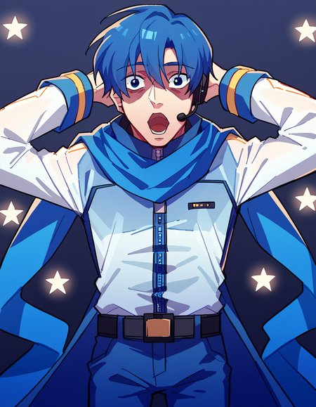 score_9, score_8_up, score_7_up, source_anime, <lora:vocaloid-kaito-ponyxl-lora-nochekaiser:1>, kaito, kaito (vocaloid), blue eyes, blue hair, male focus,, belt, blue pants, blue scarf, blue shirt, coat, headset, microphone, pants, scarf, see-through clothes, zipper, arcade, games, lights, fun, retro, , <lora:shocked-black-guy-ponyxl-lora-nochekaiser:1> shocked black guy, open mouth, looking at viewer, hands behind head, shaded face,, looking at viewer, solo,, dutch angle, cowboy shot