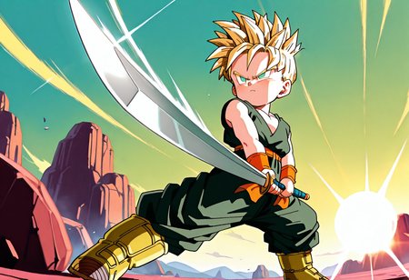 masterpiece,best quality,amazing quality,very aesthetic,absurdres,newest, highres,very awa, <lora:Kid_Trunks_-_DBZ-000011:1>, 1boy, male child, kidtrunks, aqua eyes, no pupils, blonde hair, super saiyan, spiked hair, green dougi, orange wristband, orange sash, green pants, baggy pants, yellow boots,  <lora:sunrise stance_concept_IllustriousXL_epoch-000033:1>, sunrise stance,holding sword, two-handed, two-handed sword, lens flare, serious, looking away, from below, foreshortening,