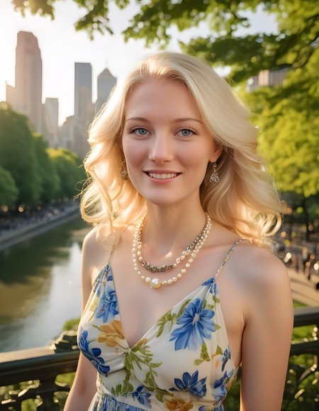 A5HL3YH, In a bustling city park bathed in the soft golden hues of late afternoon sun, a radiant woman with cascading platinum blonde hair and captivating blue eyes wears a flowing, vibrant sundress adorned with intricate floral patterns. Her pearl necklace glimmers as she looks directly at the viewer with a warm, inviting smile that illuminates her beautiful lips. The camera is positioned slightly above, offering an intimate portrait of her upper body, while the verdant canopy of trees and the distant skyscrapers create a stunning backdrop to this enchanting scene.