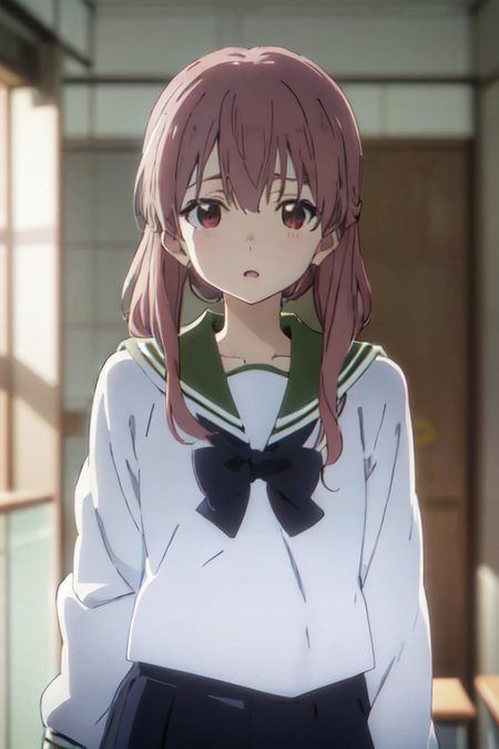 <lora:aSilentVoiceKoeNoKatachi_offset:1> KOE NO KATACHI, Kyoto Animation, ANIME, 1 girl, cute, best quality, ultra high res, detailed face, classroom, detailed background, detailed lighting, depth of field, sailor uniform, seifuku, skirt, bow