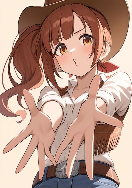 masterpiece, best quality, absurdres, perfect lighting,shiny skin,<lora:StS-Illustrious-Detail-Slider-v1.0:3>,<lora:illustrious_noobai_epsilon_pred_1_best_quality_v1:1>,1girl,igarashi kyoko,brown hair, side ponytail,brown eyes, <lora:igarashi_kyoko:1>,cowboy hat, cowboy western,jeans, sleeves rolled up,o3o,upper body, looking at viewer,open hands,simple background, doyagao,