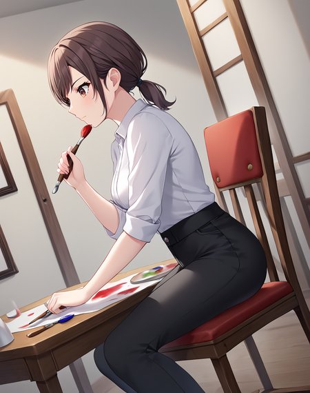 shinonome_ena, brown hair, brown eyes, short hair,  short ponytail, low ponytail, official art, medium breasts, white shirt, black pants,   BREAK indoors, art room, canvas, paint   BREAK painting, serious face, holding brush, brush , sitted, sitted on chair, wodden chair, from side, BREAK score_9, score_8_up, score_7_up, source_anime ,zPDXL, perfect hand,  <lora:Shinonome_Ena:0.8>, dutch angle