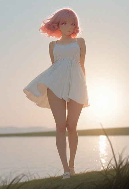 7481llu, masterpiece, best quality, amazing quality, very aesthetic, absurdres, newest, (scenery, volumetric lighting), 8K, depth of field, focused subject, perfect eyes, 1girl, CivChan, Realistic photo of a young woman with curly pink hair standing on top of a green hill at dawn. She is wearing a light white dress that flutters in the wind. In the distance can be seen mountains covered in a misty haze. Soft golden light floods the scene, creating an atmosphere of tranquility and freedom. Style: highly detailed photography with cinematic lighting, similar to the works of National Geographic. Depth of field: blurred background with emphasis on the model's face and hair. full body,