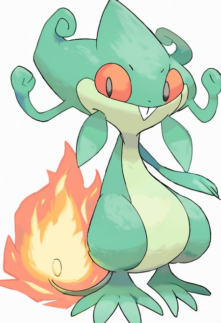 score_9, score_8_up, score_7_up,Create an image of a whimsical, cartoonish grass/fire-type creature. It should possess a dynamic and balanced profile composition, centered with ample negative space around it. The creature should have a verdant green body with fiery red-orange leaf-shaped accents, resembling flames, along its back and tail. Its tail should end in a flicker of yellow and red flame, implying movement as if it's ready to ignite at any moment. Its facial features should include wide, expressive eyes with flame-colored irises and a mischievous smile that reveals tiny, pointed white teeth. Small, leafy appendages should sprout from its cheeks, and its belly ought to be a lighter shade of green. The illustration should be rendered in a bold, cartoon style with clean lines of varying thickness, flat colors with simple shading to suggest a fiery vitality, and no texture to maintain a sleek, lively appearance. The background should be transparent for versatile application across various media. The overall impression should be playful yet fiery, capturing the essence of a character that could leap into the action of a game or animate the pages of a fantastical story .zPDXL