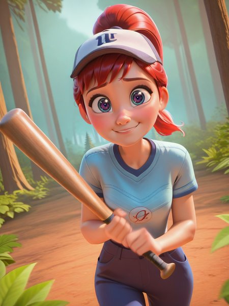 DisneyStudioXL, cinematic, cartoon,
1girl holding a baseball bat, cap, red hair, ponytail, looking at viewer, dynamic angle, cowboy shot, smile, blush, sparkling eyes, magic vibes, bangs, floating hair, outdoors, vegetation, trees, motion blur, upset, 
 <lora:DisneyStudios_style-12IL:1>