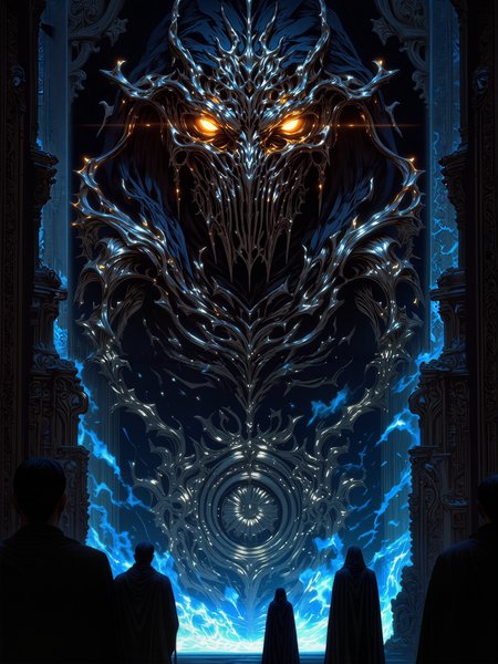 a hyper-realistic image, front view, ultra detailed masterwork illustration, 8k, 16k, 
entering your final hour, 
feel the cold, the demon's touch, 
the cosmic order now profoundly disturbed, 
in a moment's over shadowing of the light, 
here be dragons, 
here be death, 
here be the somber that have felt the devil's breath, 
here be dragons, 
here be death, 
here be the somber that have felt the devil's breath, 
mythp0rt, ne0nfant4sy, midjourney_whisper_avant_couture
<lora:style-mythic_fantasy-v2-flux-by_velvets:0.8>
<lora:style-neon_fantasy-flux-by_neowave:0.8>
<lora:epic_gorgeous_details-balance-flux-by_flyway:0.8>
<lora:style-midjourney_lucid_dreams-flux-by_kawaiikitsuneai:0.15>
<lora:midjourney_whisper_avant_couture-flux-by_aihonobono2023:0.85>