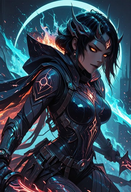 (masterpiece), (best quality), 8k, 1girl, celestial assassin, intense low lighting, glowing crescent blades, purple glow, dual-wielding, shadowed face, glowing eyes, dark eclipse sky behind her, glowing voidlight aura, Void crown, half crescent crown, orange eyes, mystical sigils, long flowing cloak fluttering, sci-fi fantasy armor with celestial patterns, moonlit silhouette, cinematic perspective, ethereal particles, radiant eclipse corona, sleek asymmetrical hairstyle, atmosphere of silent finality, black eyeshadow, Void flames, Burning Cloak, Flaming cloak, 
Action Shot, Slashing blades, Fierce expression, partical effects, dynamic, Dynamic position, Dynamic angle, Combat, intense, intense expression, Anger, half smirk,
Unique, close up, cowboy shot, dutch angle, foreshortening, 
Looking at viewer, (Close up, Face Focus),