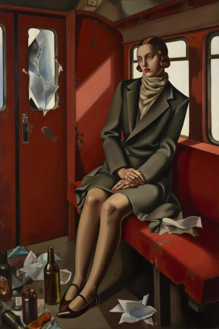 tamaradelempicka1 painting.
 a girl sitting in a dilapidated train car. The train's red interior is faded and worn, with patches of rust staining the walls and ceiling. Garbage, broken bottles, and scraps of paper litter the floor, adding to the sense of decay. The girl sits on a torn, upholstered bench, her posture thoughtful and melancholic, with light streaming through a cracked window to illuminate her figure. Her attire blends vintage elegance with subtle modern touches, featuring a tailored coat and a scarf that catches the soft rays of light. Leyendecker's signature use of bold, confident brushstrokes and interplay of light and shadow bring depth to the scene, emphasizing the textures of the rust, the glossy shards of glass, and the folds of the girl's clothing. The mood is one of poignant beauty, juxtaposing the ruinous surroundings with the girl's quiet grace.  <lora:tamaradelempicka1_cap_d8a4:1.0><lora:863953330651564915:0>