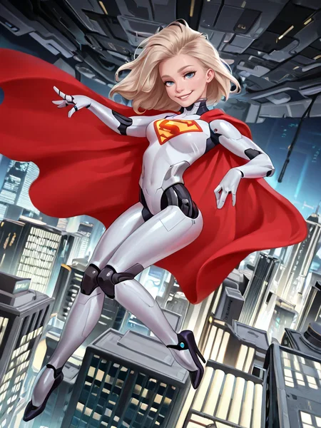 biomechanical cyberpunk <lora:Rino99Quiron_Style_ilus:1> ,  Rino99Quiron, (((2077))),futurism, impressionist, detailed, 1girl, (strong:1.2), long flowing platinum blonde hair,majestic, breathtaking, (suggestive:1.3),(cheeky:1.3), (cute:1.2), enticing, (irresistible:1.3), disturbing, fascinating, (magnetic:1.2), perfect eyes,age20,cybergirl,six pack, long legs,((legs showing)),supergirl character,perfect eyes,natural light blue eyes,superman logo on chest,futuristic city background,sixpack, medium size boobs,slender,((solo)),ultra detailed,masterpiece,round iris,((futuristic skyscraper background)),metallic suit,(((S-Curve Pose,Elegant and poised head tilt,Playful Smile))),((drawing in the style of j scott campbell)),perfect hands,red superman cape,((flying)),ass showing,normal size neck,((full body))., A tropical environment with a party atmosphere and a lot of wealth,  from above,  , (breasts),  , 
 . cybernetics, human-machine fusion, dystopian, organic meets artificial, dark, intricate, highly detailed