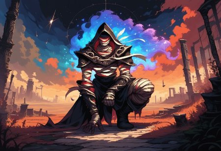 score_9, score_8_up, score_7_up, ultra quality, d3p1x3l, pixel art, fantasy, solo, 1boy, hood, etherealxl, Ethereal body, magical creature, hollow body, glowing body, magical body, wrapped face, featurless eyes, no skin, no humans, wrapped in bandages, mummy, earless, mouthless, red body, black armor, feather ornaments, kneeling, one knee, hand on ground, looking down, magic desert, evening, shooting stars, ruined structures,  electric haze
