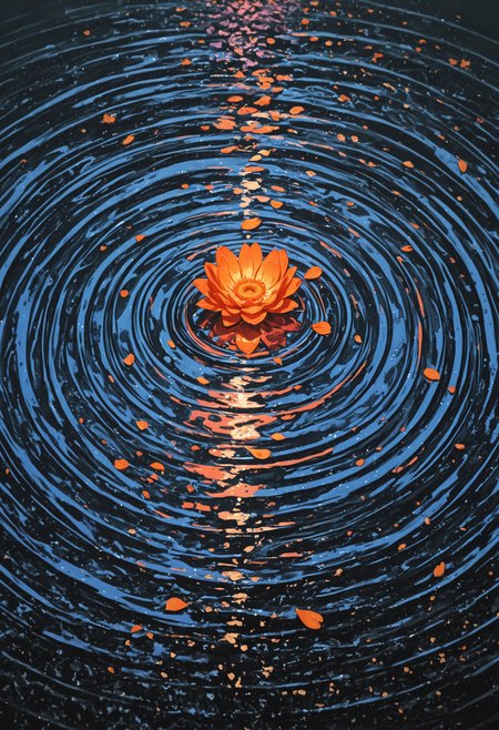 no humans, water, ripples, colorful, vibrant colors, floating petals, orange flower, flower floating on water, 
(solipsist:0.6), (isshiki \(ffmania7\):0.5),
<lora:illustrious_noobai_epsilon_pred_1_masterpieces_v1:1> masterpiece, very aesthetic, absurdres, <lora:spo_sdxl_10ep_4k-data_lora_webui:0.8>, <lora:NOOB_vp1_detailer_by_volnovik_v1:0.6>,
