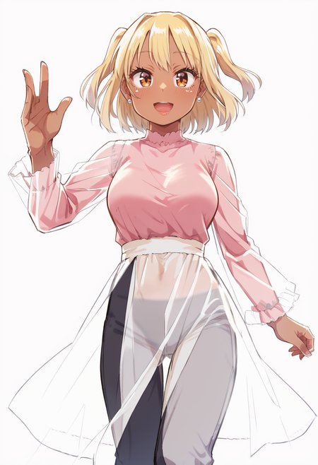 score_9, score_8_up, score_7_up,source_anime,(close up:1.3), front view,
 1girl,20yo, (large breast:1.2), orange eyes, (blonde hair:1.3),long hair, (two side up:1.1), (dark skin:1.6), dark skin girl, (tall:1.2), (abs:0.7),bangs, pink shirt, demin short pants,, tsurime, jitome, blush,smile, dress, action pose,  open mouth, ,simple background,beautiful scenery, outdoors, , looking at viewer, earings, looking at viewer,,long  sleeve dress, tyontyon, clothed, (pants:1.1) <lora:tyontyon-02:1.2>