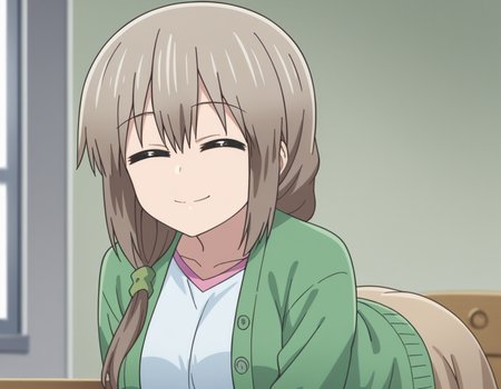 score_9, score_8_up, score_7_up, source_anime,
tsukiuzaki, <lora:tsuki-uzaki-s2-ponyxl-lora-nochekaiser:1>,
tsuki uzaki, long hair, closed eyes, grey hair, large breasts, hair over shoulder, scrunchie, hair scrunchie,
skirt, shirt, white shirt, cardigan, open cardigan, green cardigan, blue shirt, brown skirt,
indoors, bent over, smile,
looking at viewer, cowboy shot, solo, dutch angle,