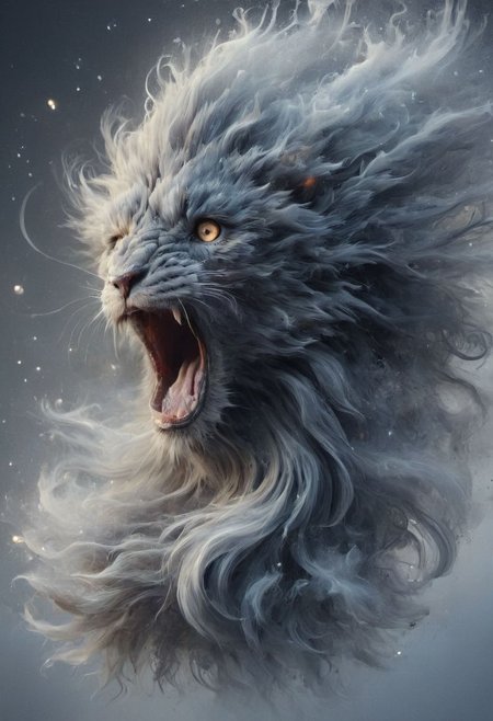 (masterpiece:1.2, uhd, hdr, highly detailed, high resolution, 4k, 8k, best quality, insanely detailed, intricate), ElementsMix (Wind:0.6), (Earth:0.8), (Water:0.6), (Fire:0.6) (Surrealist painting of a lion made of smoke and whispers, Blue and Gray colors, swirling shapes, mysterious and intriguing atmosphere, dark background, wispy hair-like smoke, whispering mouth, roar, open mouth,  Dreamlike, Soft and Hazy edges, medium shot, Artsy, Surreal, Conceptual, High quality, high resolution, Detailed, Intricate, Textured, 4k, Canvas, Oil paint, Realistic, Hyperrealistic:0.6), detailed background