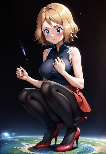 safe_pos, safe_pos, score_9, score_8_up, source_anime, BREAK 1girl, masterpiece, best quality, 1girl, bbserena, solo, short hair, eyelashes, blue eyes, full black legging, full black tights, pink designer high heels, big breasts, squeezing her breasts, squatting in space, holding the earth in the hand, giantess full body shots, giantess, giant, goddess, size difference, slight smile, blushing, growing bigger, long skinny legs, Galaxy, perfect arms, perfect hands, perfect face, perfect legs, perfect thighs, perfect feet, perfect eyes, solo, super giantess