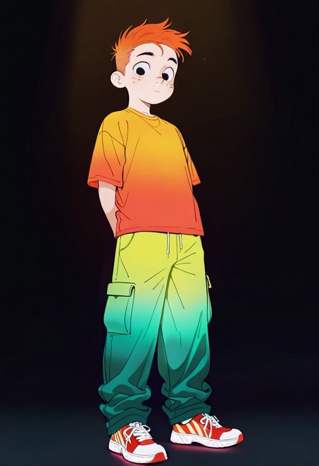masterpiece, best quality, amazing quality, very aesthetic, absurdres, newest, volumetric lighting, holographic colors, cute, gradient colors, dark background, masterpiece, best quality, amazing quality, very aesthetic, absurdres, newest, volumetric lighting,1girl, 
cinematic, intricately detailed illustration, depth of field, masterpiece, best quality, amazing quality, very aesthetic, absurdres, newest, 1boy, male focus, cute boy, solo, Adam Lyon, Black Eyes, Orange Hair, Freckles, Orange Shirt, Green Pants, Red and Yellow Striped Shoes, 15546+456868