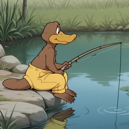 masterpiece, best quality, amazing quality,FlapbbILv2, semi-anthro, male, Platypus, brown fur, duck-billed, webbed feet, webbed fingers, yellow pants,sitting, beside, pond, holding fishing rod, fishing
