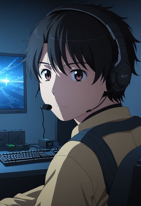 high resolution, solo, best quality, 1Boy, Inaho Kaizuka, Black Hair, Brown Eyes, gamer, bedroom, night, pc, sit, headset, potrait, OverallDetail