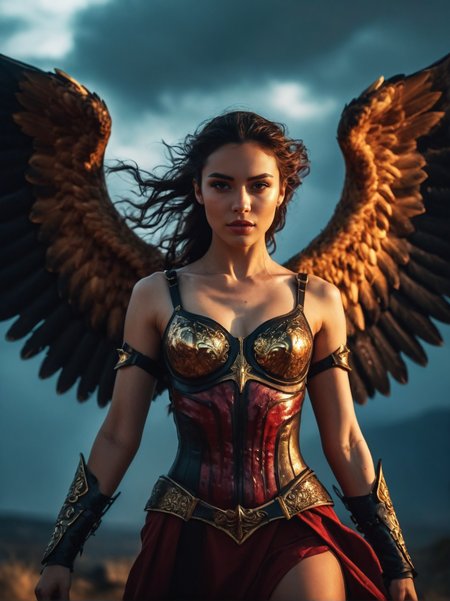 A dynamic cinematic photograph of Emma_Sucheon_P_MXAI_SDXL   A cinematic epic fantasy film still showing a winged female heavenly angel in an intense battle with demons. The angel's attire is worn, torn, and blood-splattered from battles. The scene is fierce and chaotic, with blood and gore evident. The angel, with glowing wings and armor, wields a flaming sword, her expression determined and fierce. Around her, dark, grotesque demons with twisted forms and sharp claws are attacking. The background is a dark, stormy sky with flashes of lightning, enhancing the dramatic and intense atmosphere, SK_CINEMATIC, ziprealism, (((Ultra-HD-details, Ultra-HD-detailed, Ultra-HD-realistic, Ultra-HD-photo-same-realistic-quality-details)))