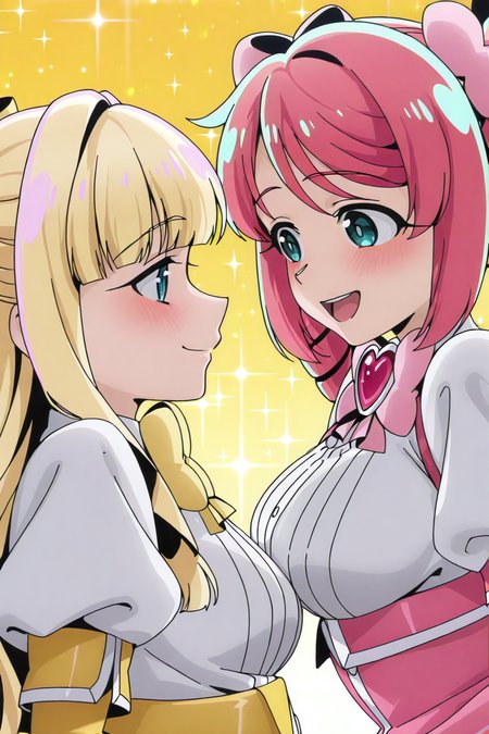 shiny skin, posing,
<lora:mahoako.il:1>,
mahoako,
(multiple girls:1.5), large breasts, 
magiamagenta, magiaazul, magiasulfur, 
dynamic angle, yuri, happy,