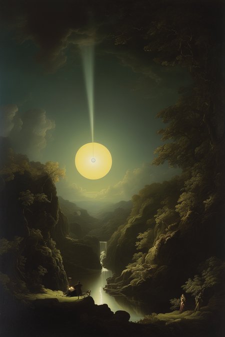 Joseph Wright Of Derby Style - an art inspired by Joseph Wright of Derby of an impossible line in the middle of the universe, close to a black hole and a dying star. The art talks about time