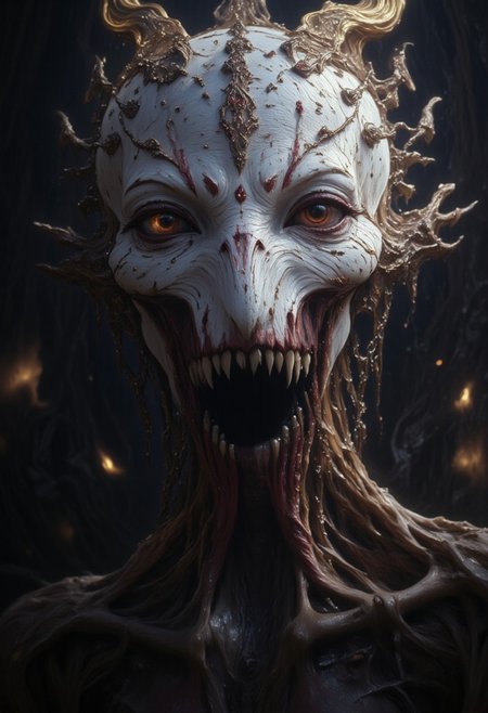 the Mokosh is an ancient drow and mythical female creature. She has long, sharp fangs for teeth and many spikes protruding from its head as it stares at the viewer with old soulless eyes, Her skin is white, engraved stone where every grove tells a story. It is snarling menacingly at the viewer, demanding respect and loyalty. Closeup head portrait, hyperdetailed, 8k resolution concept art, WLOP, Moebius, H.R. Giger, Royo, muddy, dark colors, minimal lighting, hyperrealism, digital illustration, intricate,( vapor:0.9), dorian cleavenger, brom, hyperrealism, digital illustration, horror, dark environment, (&:0)t  (photography, high-resolution, dynamic, energetic,hyper-realistic, dramatic lighting, shallow depth of field.)