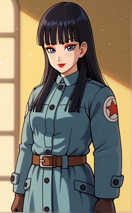 score_9, score_8_up, score_7_up, absurdres,contrapposto, arms behind back, cowboy shot, looking at viewer, backlighting, light smile, light particles, blurry background, depth of field, bloom, gradient background, yellow background, spotlight,  <lora:PONYXL_DragonBall_Mai_ownwaifu:0.85>, BREAK MainOutfit_Mai_ownwaifu, 1girl, black hair, blue eyes, blunt bangs, bangs,  eyelashes, hime cut, long hair, red eyeshadow, red lips, straight hair, long sleeves, coat, makeup, belt, star (symbol), uniform, military uniform, buttons, lipstick, gloves, trench coat, sidelocks, blue coat, brown belt, brown gloves, pants, holster, belt buckle, belt pouch, emblem, eyeliner, pouch, sheathed, winter clothes, long coat, badge, breasts, collared shirt, <lora:add-detail-xl:0.15>,