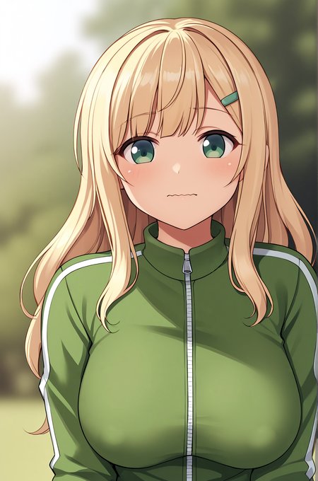 anime artwork, score_9, score_8_up, score_7_up, score_6_up, score_5_up, score_4_up, source_anime, BREAK, thick outline, fat outline,
Yomi_XL, green eyes, blonde hair, long hair, green hairclip, large breasts, BREAK, Yomi_Casual, green track suit, green track jacket, BREAK, outdoors, (upper body:1.4), wavy mouth, closeup,
<lora:Yomi_XL:0.7>
<lora:PersonalAmi_PonyXL:1.0>