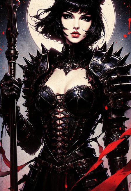 Silhouette Art, magnificent, dark background, oriental queen of doom, short, straight black Chanel bob haircut, bangs, red lips, dark eyeshadow, make-up, porcelain skin, wearing black armour with spiked shoulder armour, with intricate laced-up detailing in the front, revealing ample skin, cleavage, black helmet, holding a spiked battle-mace, dutch angle, gradient colour background