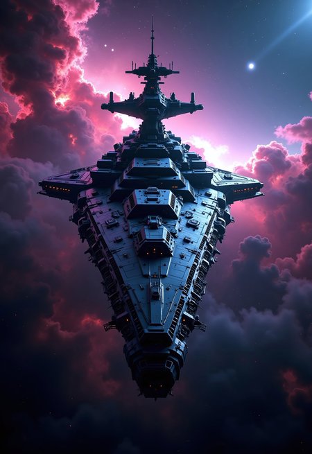 aidmaimageupgrader, a high quality digital image of a huge intricately detailed futuristic battleship deep in space, the ship is covered in missile ports and gun turrets, the ship is approaching a dense nebula which is made of vivid colours, they glow at night